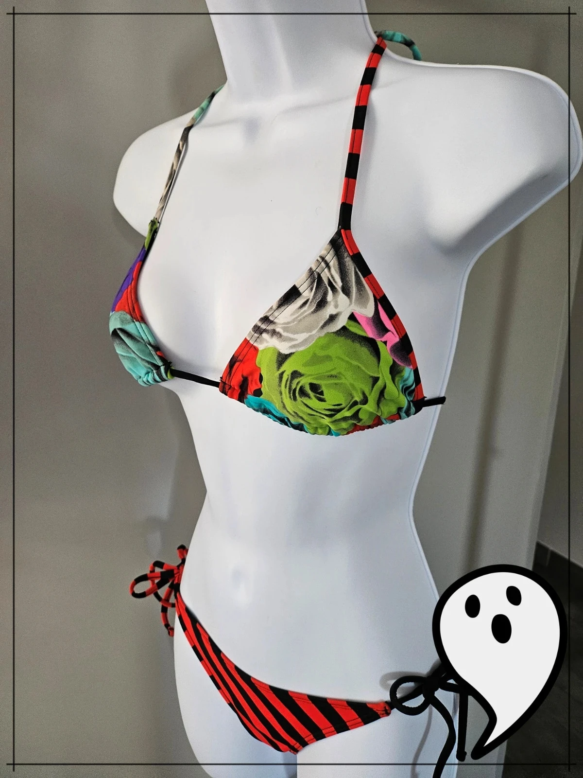 Volcom swimsuit bikini set red and black stripe and colorful floral – photo 2